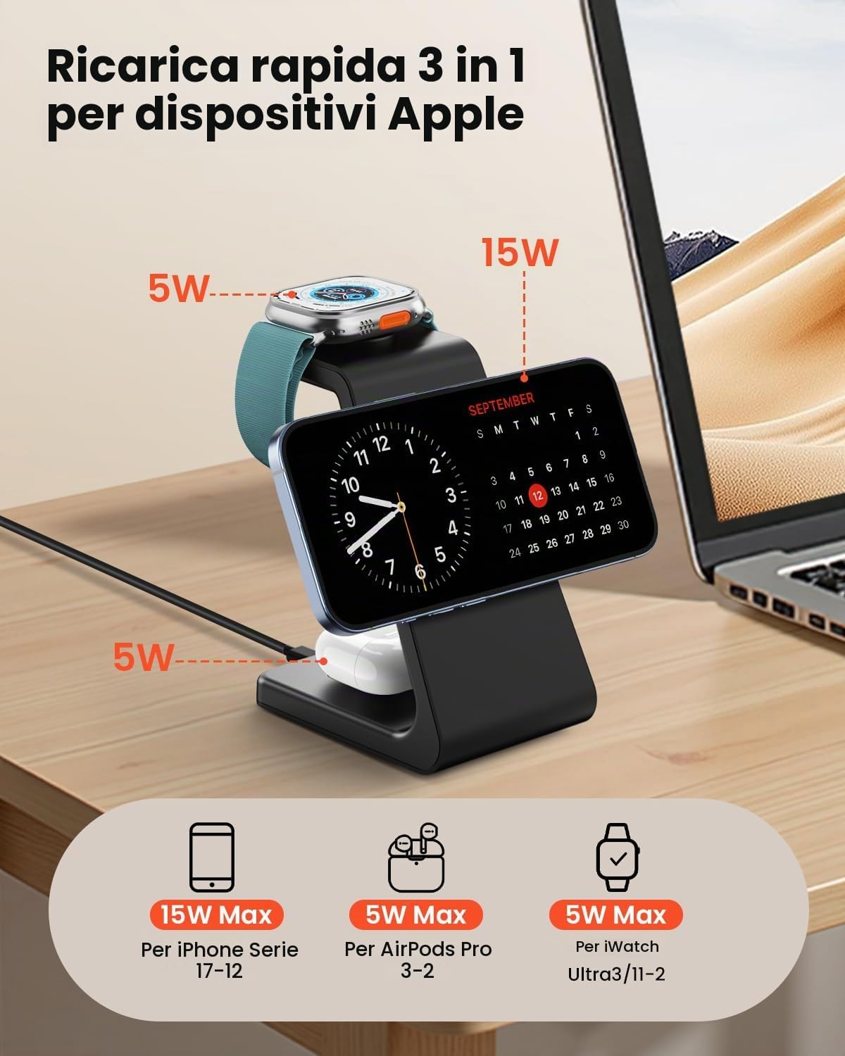 Base di ricarica wireless per telefono, cuffie e smartwatch – foto 3
