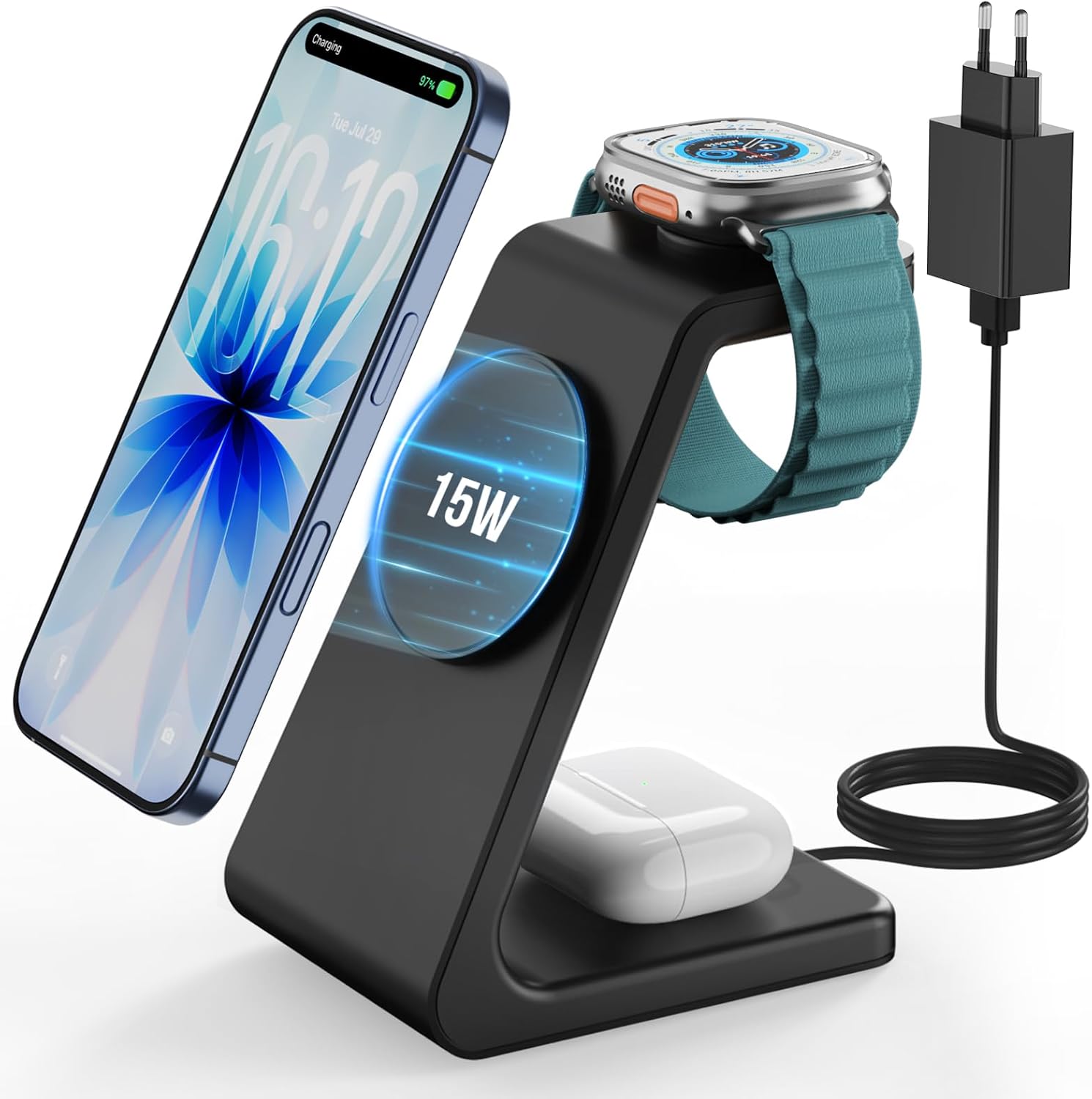 Base di ricarica wireless per telefono, cuffie e smartwatch