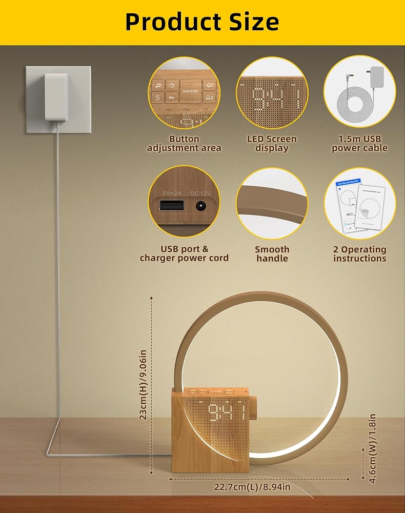 Lampada da comodino LED con sveglia e ricarica USB – foto 2
