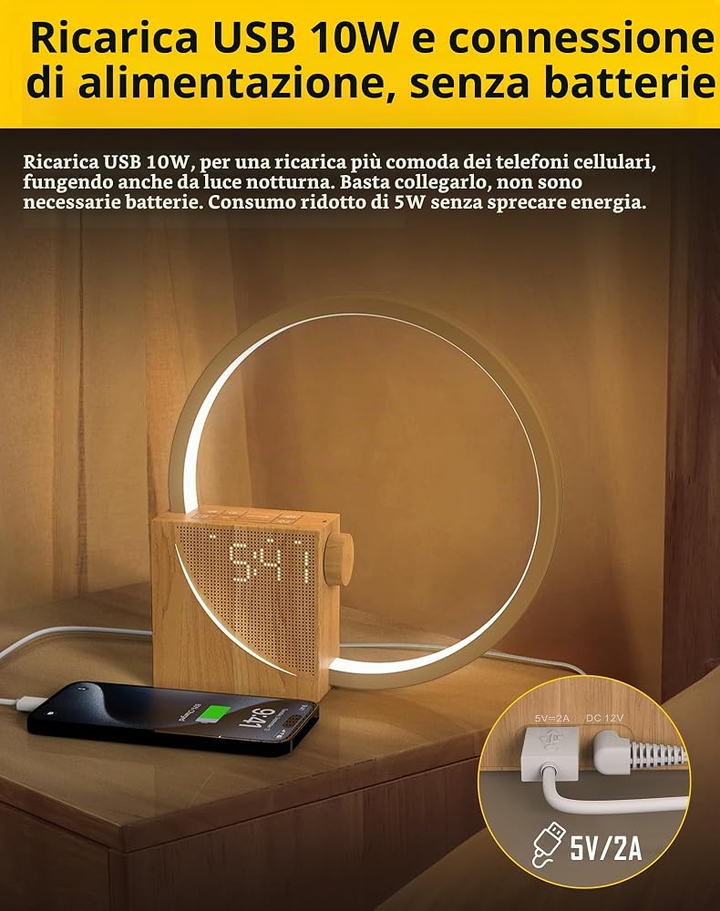 Lampada da comodino LED con sveglia e ricarica USB – foto 4