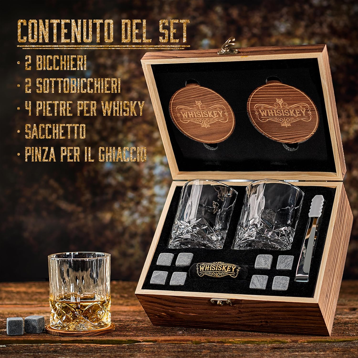 Set pietre da whisky con bicchieri in cofanetto di legno – foto 3