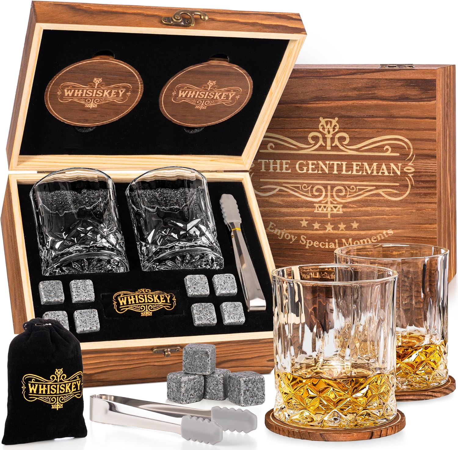 Set pietre da whisky con bicchieri in cofanetto di legno