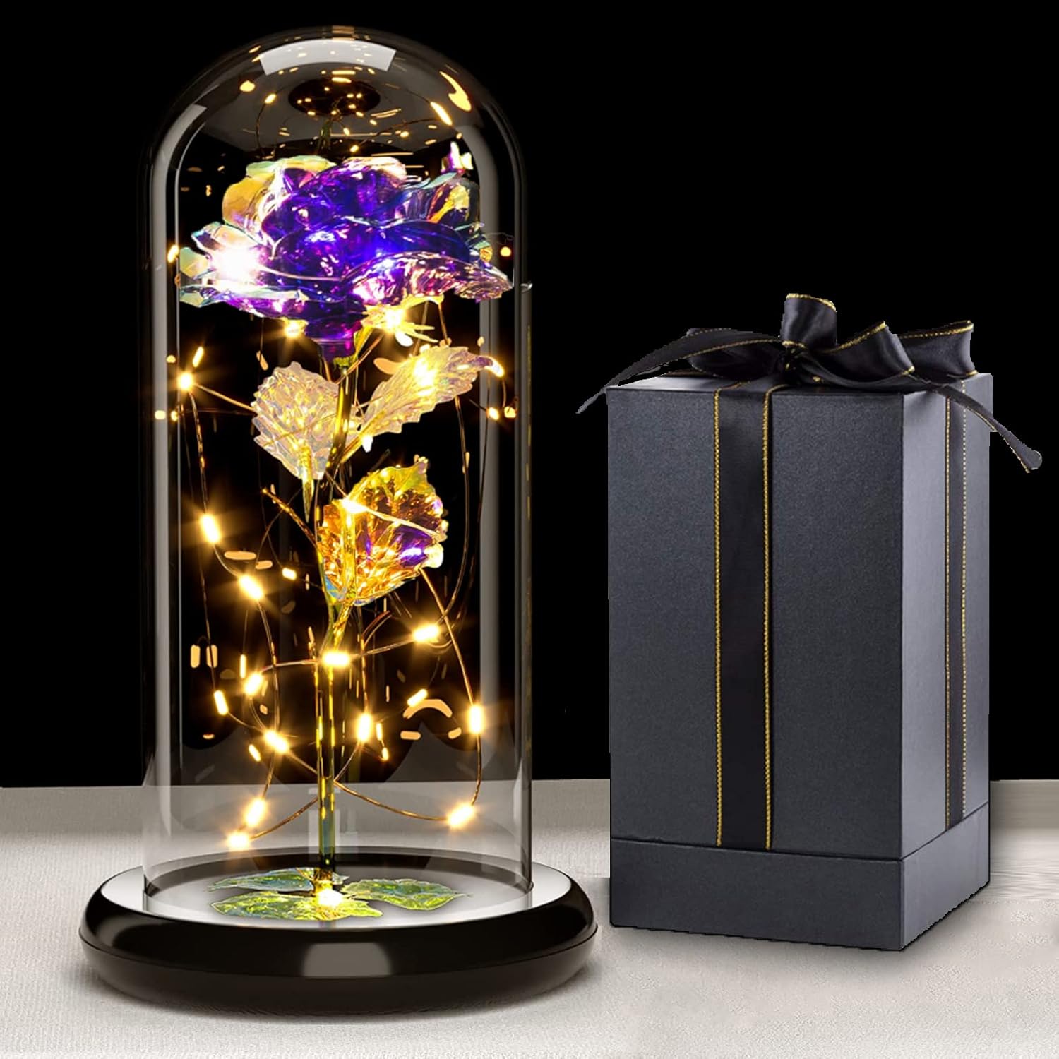Rosa eterna con luce LED e cupola in vetro