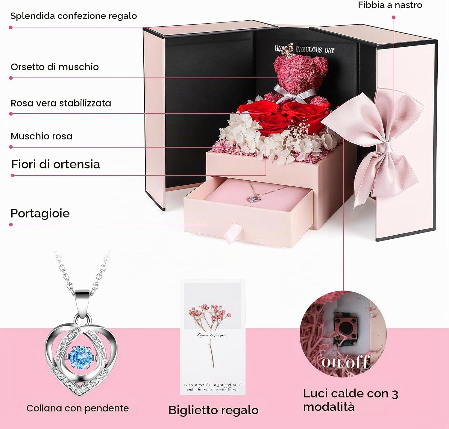 Rosa stabilizzata con collana e orsetto di rose – foto 3