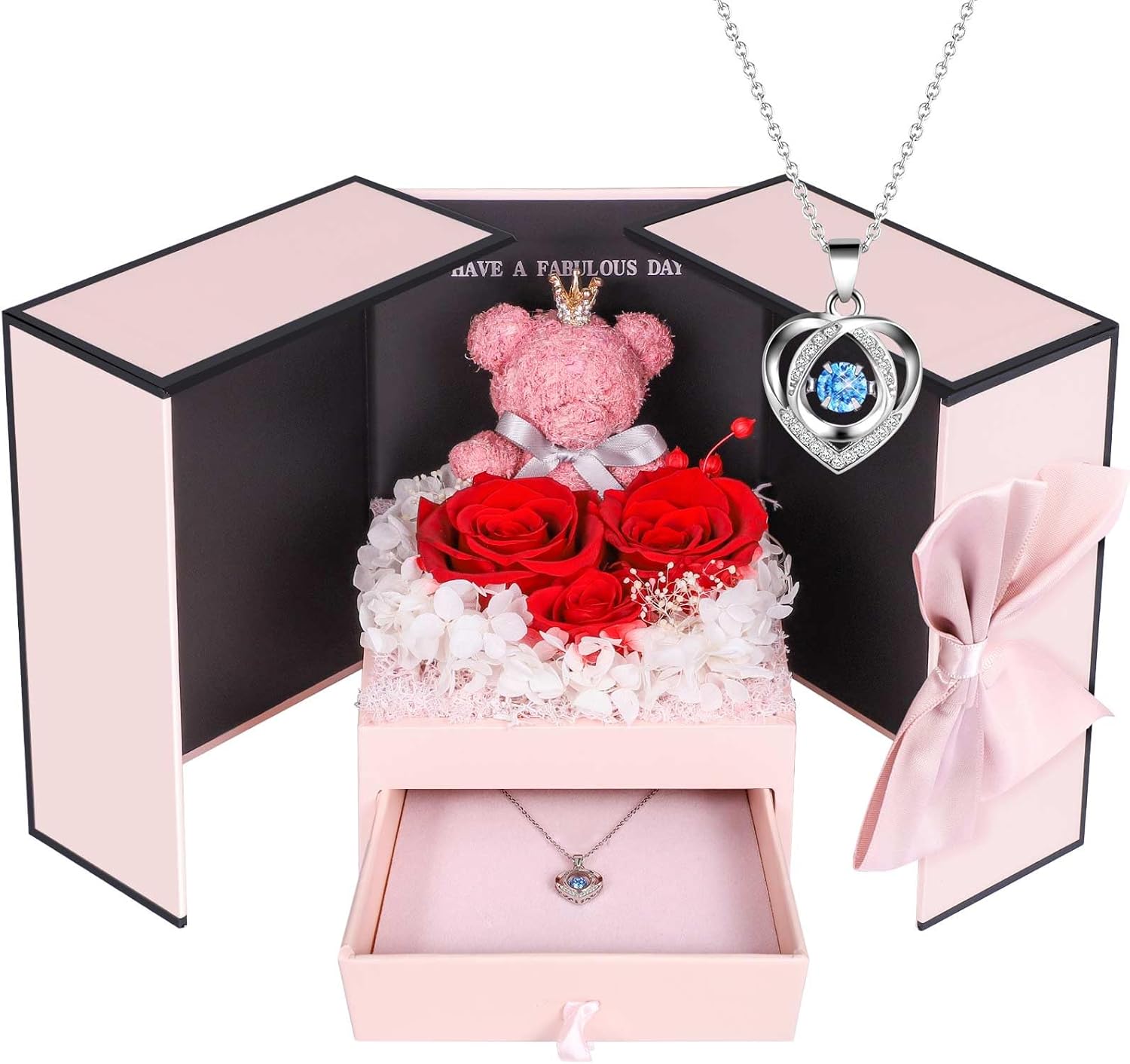 Rosa stabilizzata con collana e orsetto di rose