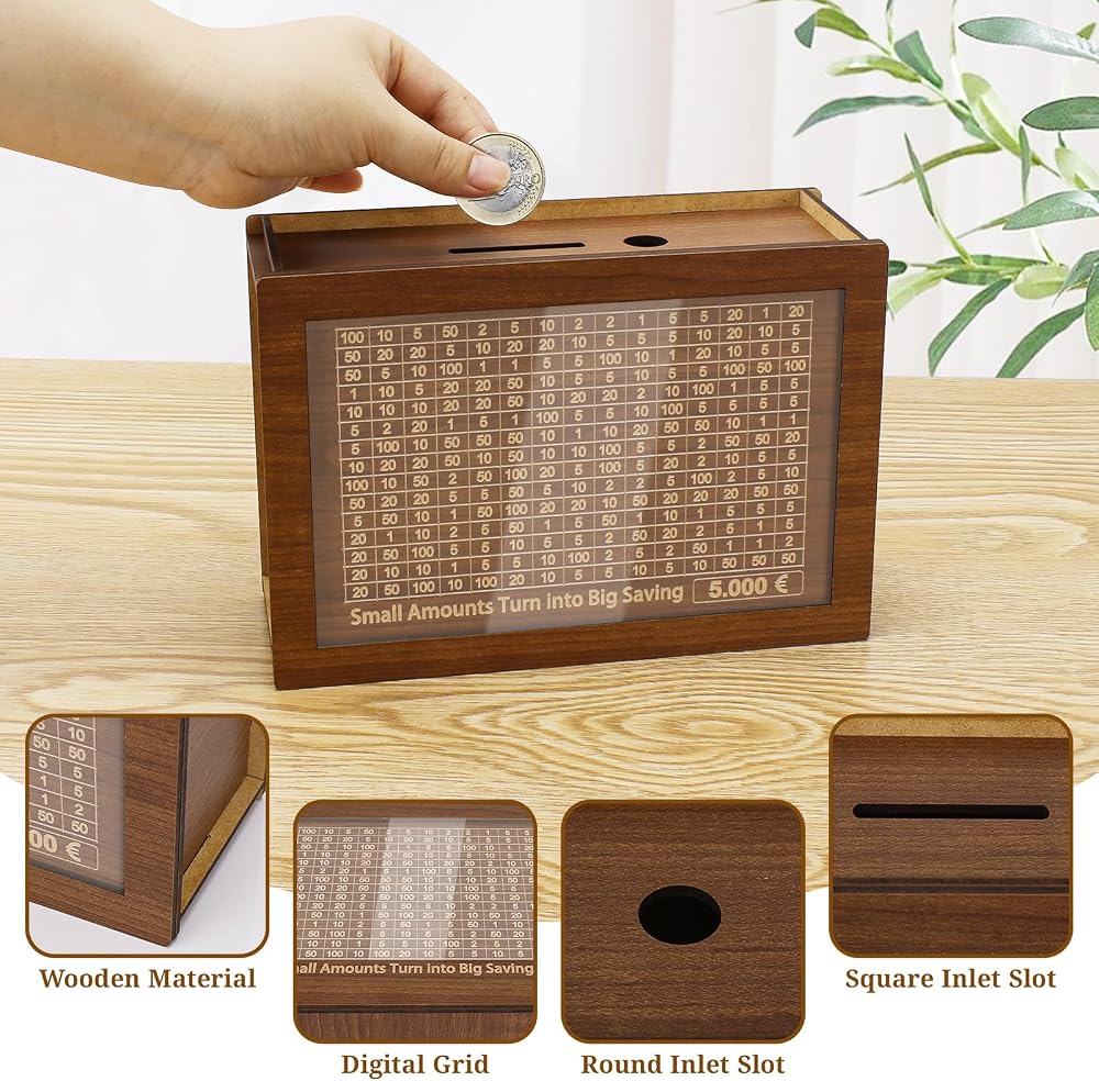 Salvadanaio in legno con obiettivo 5000 € e adesivi – foto 4