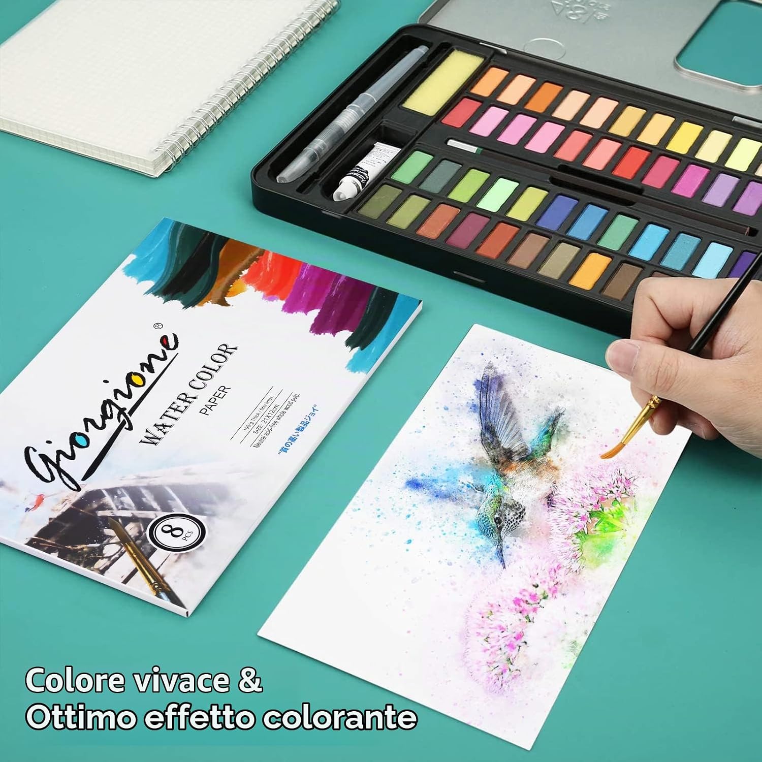 Set acquerelli con pennelli e album da disegno