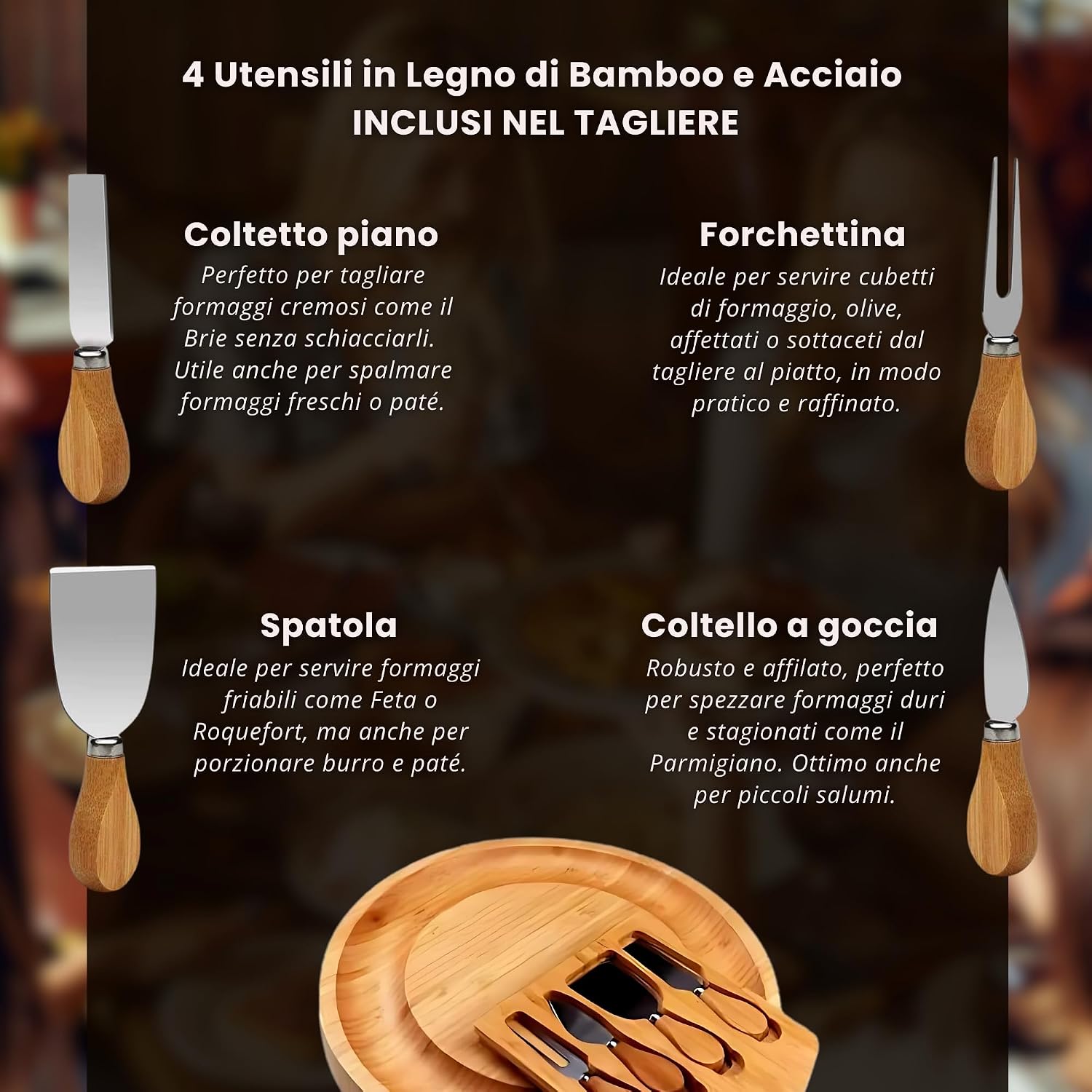 Tagliere in legno con cassetto e 4 utensili – foto 4